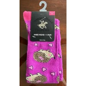 Beverly Hills Polo Club Knee High Socks Pink Hedgehog Hearts‎ Womens 5-9 NWT